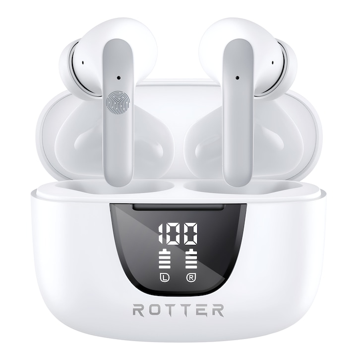 ROTTER®️ vezeték nélküli bluetooth fejhallgató továbbfejlesztett zajszűréssel, Audio, Vezeték nélküli, Digitális kijelző, Bluetooth 5.4, 42 órás akkumulátor-üzemidő, HD mikrofon, érintésvezérlés, 45 ms késleltetés, Vízálló, Sport, Univerzális, Fekete