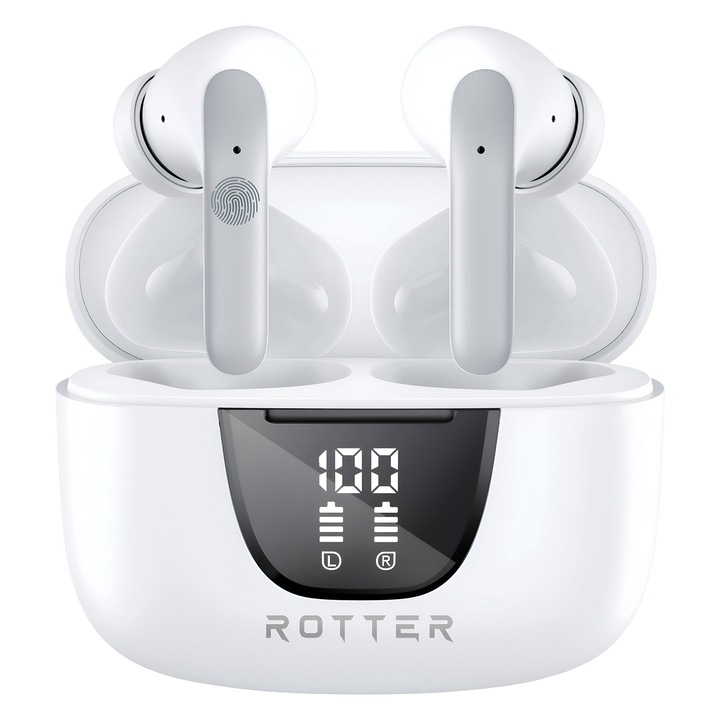 Casti wireless ROTTER®️ cu izolare a zgomotului, In-ear Bluetooth, Casti Wireless Audio, Fara fir, Afisaj Digital,Casti Bluetooth 5.3, Autonomie 42 ore, Microfon HD, Control touch, Latenta 45 ms, Rezistente la apa, Sport, Compatibilitate Universala, Alb