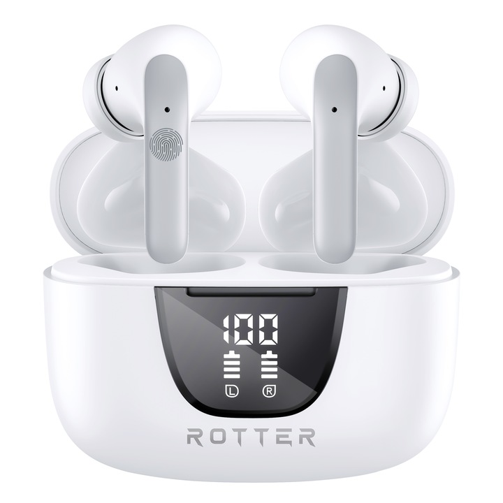 Слушалки с подобрено шумопотискане ROTTER®, Bluetooth, Автономия 42 часа, Двоен микрофон, CVC 8.0, Сензорно управление, LED дисплей, Bluetooth 5.3, Латентност от 45 ms, Универсални, Бели