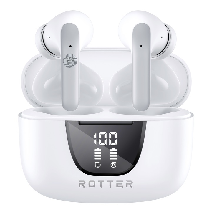 Безжични слушалки ROTTER ENC – Bluetooth слушалки с ENC шумопотискане, двойни CVC 8.0 микрофони, LED дисплей, 42ч батерия, ергономичен дизайн, подходящи за спорт, работа и пътуване, IPX4 водоустойчивост, универсални – черни