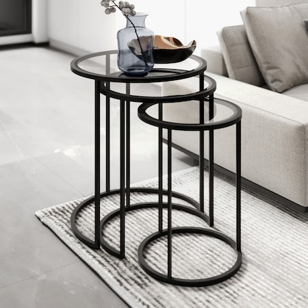 Set 3 masute de cafea rotunde, Marsah Home, 50x52 cm, cadru metalic negru, sticla securizata transparenta