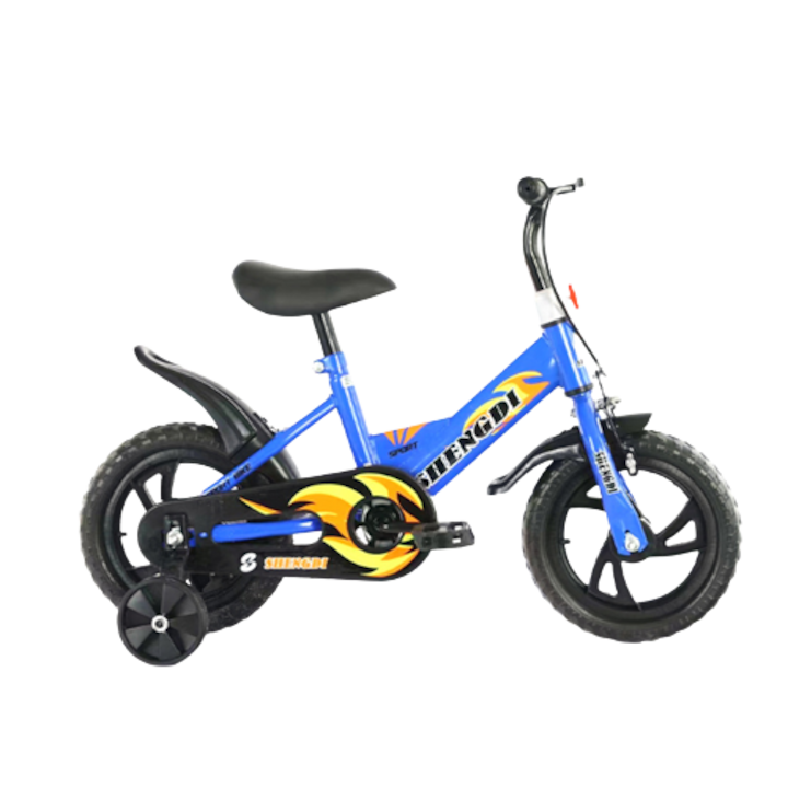 Bicicleta cu roti ajutatoare pentru copii intre 2 si 6 ani, Albastra, Pedale si frane, ghidon si sezut reglabil, Roti de 12 inch, Aparatoare spate