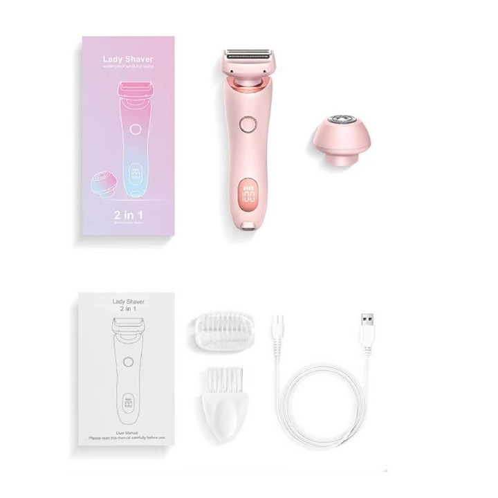 Epilator umed/uscat, Magitech, Afisaj LED, Fara fir, 800mAh, Roz