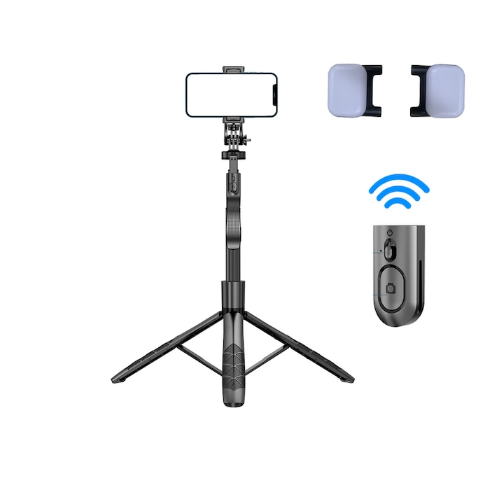 Телескопичен фото статив, TokQi, алуминий, за телефон/камера, дистанционно управление, Bluetooth, водоустойчив калъф, черен