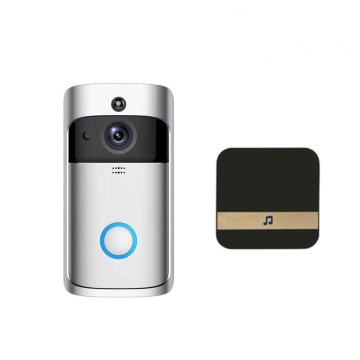 VIANS video csengő, intelligens videokamera, vezeték nélküli, 1080p HD, mozgásérzékelés, kétirányú beszélgetés, alkalmazásvezérlés, ezüst