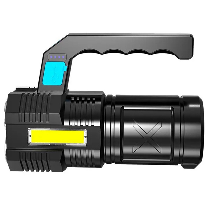 Фенер 5 LED COB, Тактически, включен Micro-USB кабел за зареждане, 1000 лумена, 4 режима, с дръжка, 14,5x6x5,5 см, черен