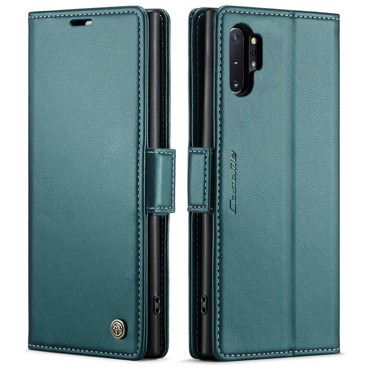 Калъф за Samsung Galaxy Note 10 Plus, CaseMe, slim кожен, тип портфейл, стойка, магнитно предпазно закопчване, мека текстура и захващане в ръката, RFID защита, Зелено