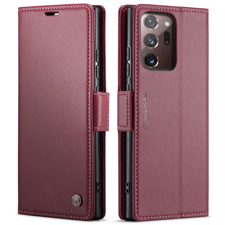 Калъф за Samsung Galaxy Note 20 Ultra, CaseMe, slim кожен, тип портфейл, стойка, магнитно предпазно закопчване, мека текстура и захващане в ръката, RFID защита, червен