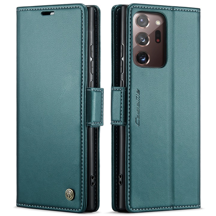 Калъф за Samsung Galaxy Note 20 Ultra, CaseMe, slim кожен, тип портфейл, стойка, магнитно предпазно закопчване, мека текстура и захващане в ръката, RFID защита, Зелено