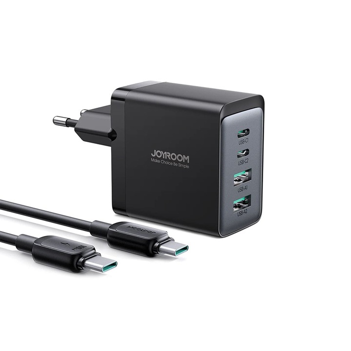 Incarcator Priza JoyRoom TCG02 - 2 x Type-C, 2 x USB, Fast Charging 67W with Cable Type-C to Type-C 100W - Negru
