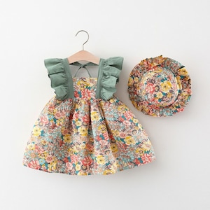 Set rochita de vara cu palarie pentru fetite, imprimeuri florale, multicolor, verde, 12-18 luni
