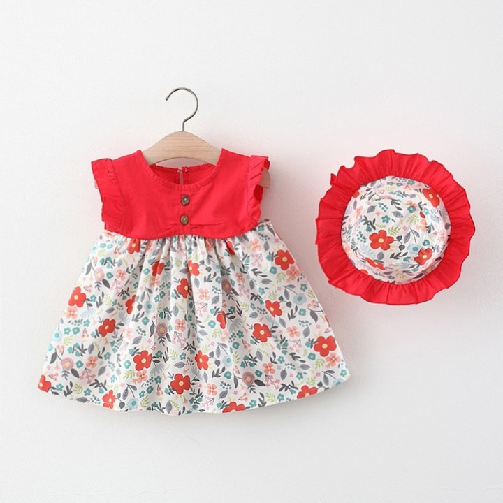 Set rochita de vara cu palarie pentru fetite, imprimeuri florale, multicolor, rosu, Multicolor