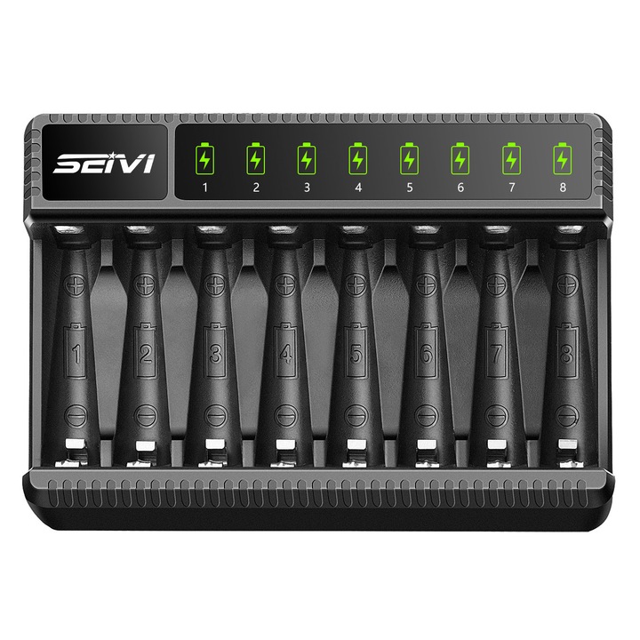 JENUOS Akkumulátor töltő, 8 db akkuhoz, színes kijelzővel, regenerációs funkcióval, fekete