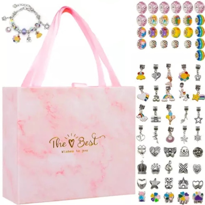 Set Realizare Bratari Colorate, Contine Diverse Pandantive si Margele, 4 Bratari, 70 Piese, Dezvolta Abilitatile Manuale, Portabil, Cutie Depozitare Inclusa, Multicolor