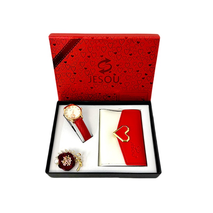 JESOU COLLECTION дамска кутия с три практични артикула, дамски часовник, портфейл и брошка 20х15 см, бяло-червено, кадифе