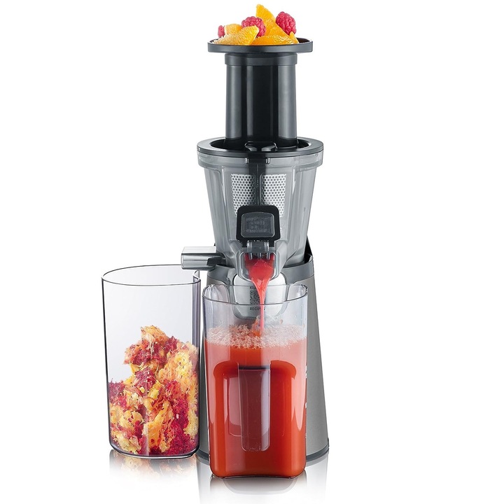 Storcator multifunctional pentru fructe si legume Severin, Slow Juicer, capacitate 1 litru, stoarcere lenta, pastreaza nutrientii si vitaminele, fara BPA, atasament pentru sorbet, sita otel inoxidabil, baza antiderapanta, usor de curatat, gri