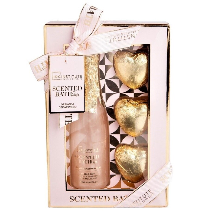 Set Ingrijire Corporala IDC Institute Deluxe Scented Bath Rose Colectia 44506 cu Spuma de Baie 150ml si Bile Solubile Efervescente 3x30g Aroma Portocale Lemn de Cedru pentru Relaxare si Energizare Femei