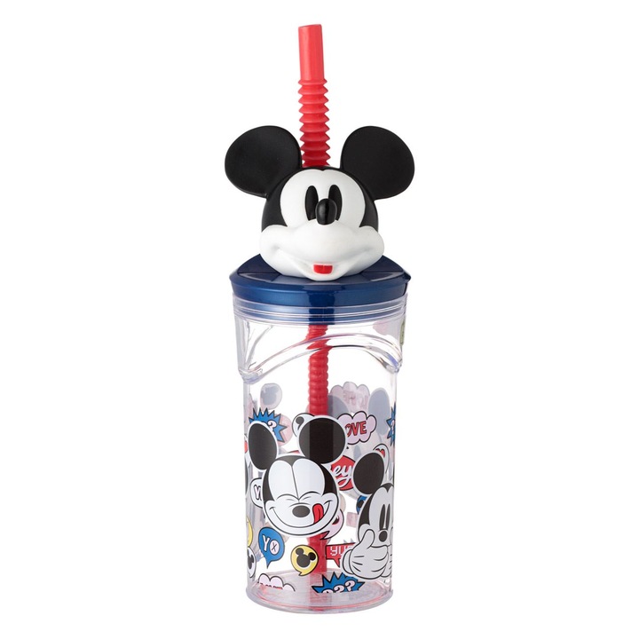 Pahar cu pai rosu Mickey Mouse, 360 ml