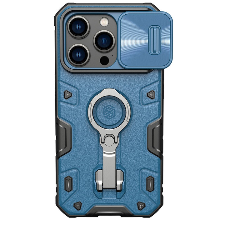 Протектор Vaxiuja, Подходящ за iPhone 14 Pro Max, Държач за пръстен, 360 ° защита, TPU/PC/Метал, Син