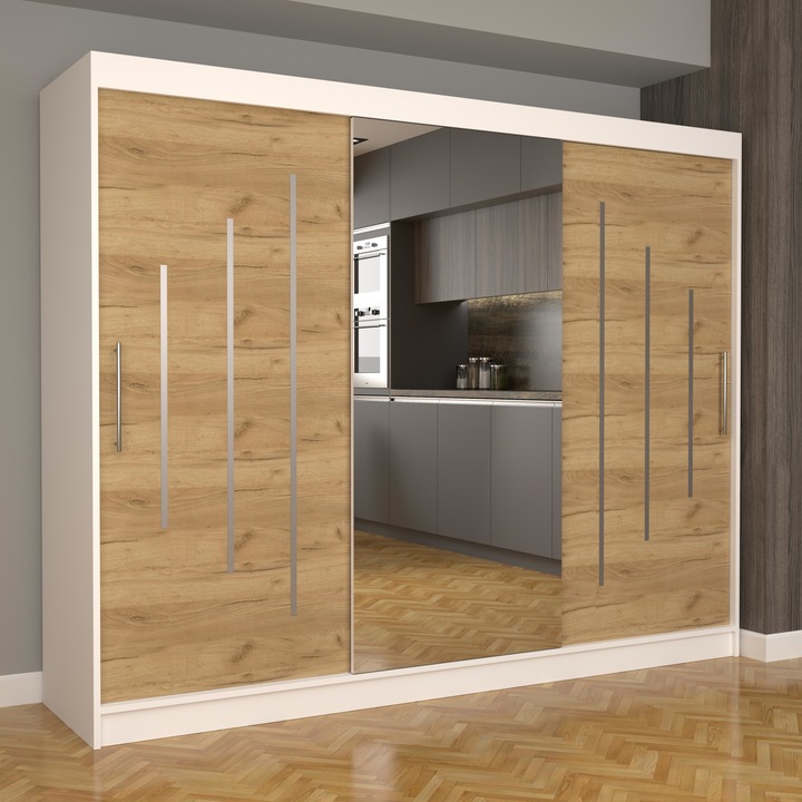 Dulap Dormitor Stefan Ultra 250 cm x 200 cm x 61 cm, cu oglinda, alb cu usi glisante oak craft gold