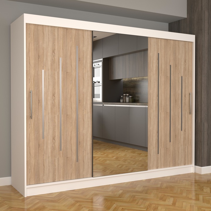 Dulap Dormitor Stefan Ultra 250 cm x 200 cm x 61 cm, cu oglinda, alb cu usi glisante sonoma