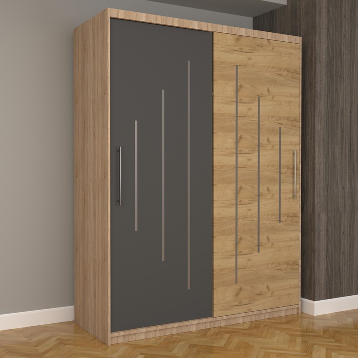 Dulap Dormitor Stefan Ultra 150 cm x 200 cm x 61 cm, fara oglinda, sonoma cu usi glisante gri oak craft gold