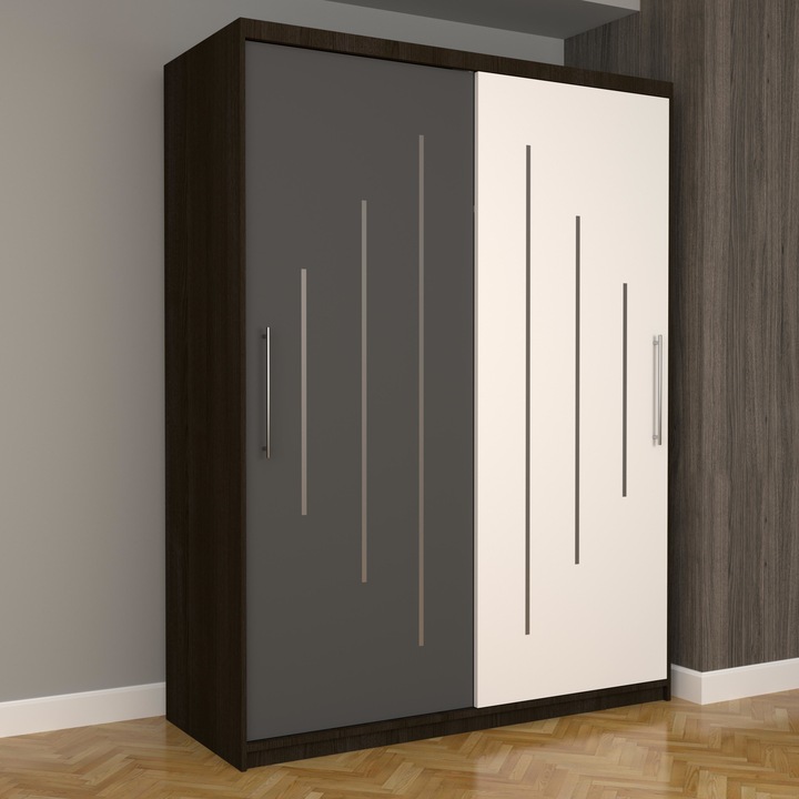 Dulap Dormitor Stefan Ultra 150 cm x 200 cm x 61 cm, fara oglinda, wenge cu usi glisante gri alb