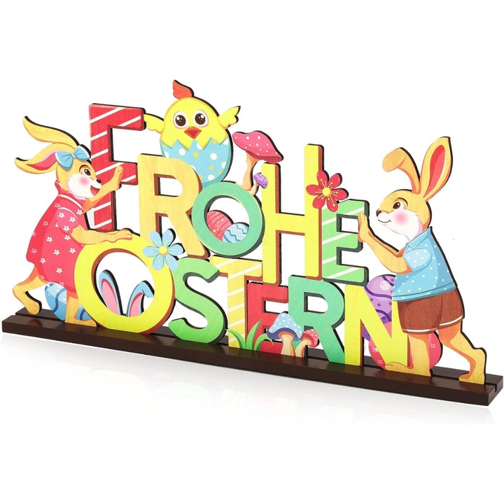 Stand decorativ pentru Paste, Frohe Ostern, cu iepurasi, oua, decor de primavara Multicolor Lemn 21 cm 21 cm 39.5 cm 1 Bucata