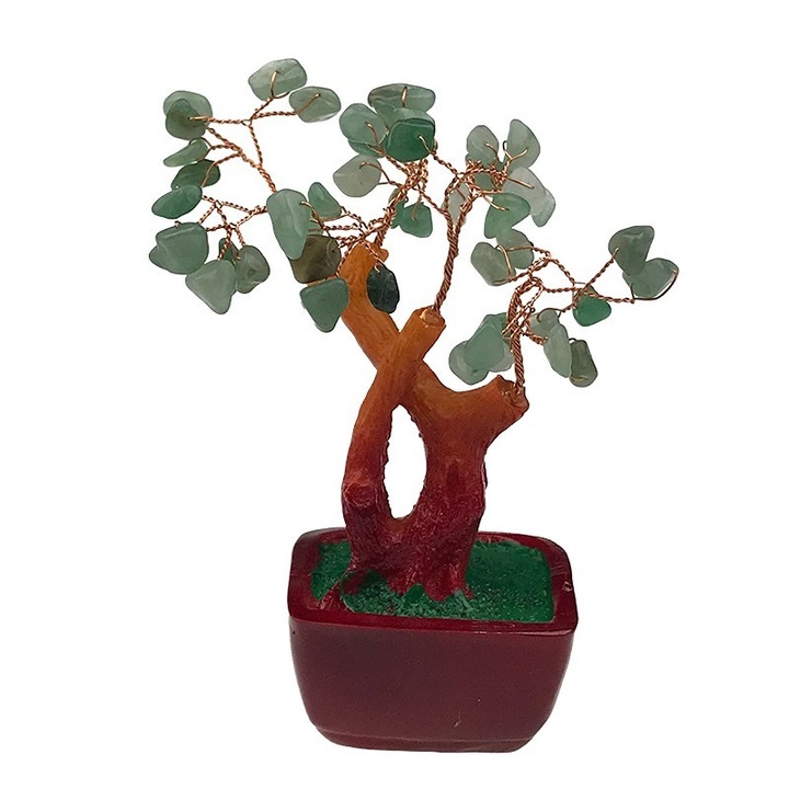 Decoratiune din ceramica, Copac Feng Shui, 4 Ramuri, 10x16cm, Pietre de Aventurin Verde