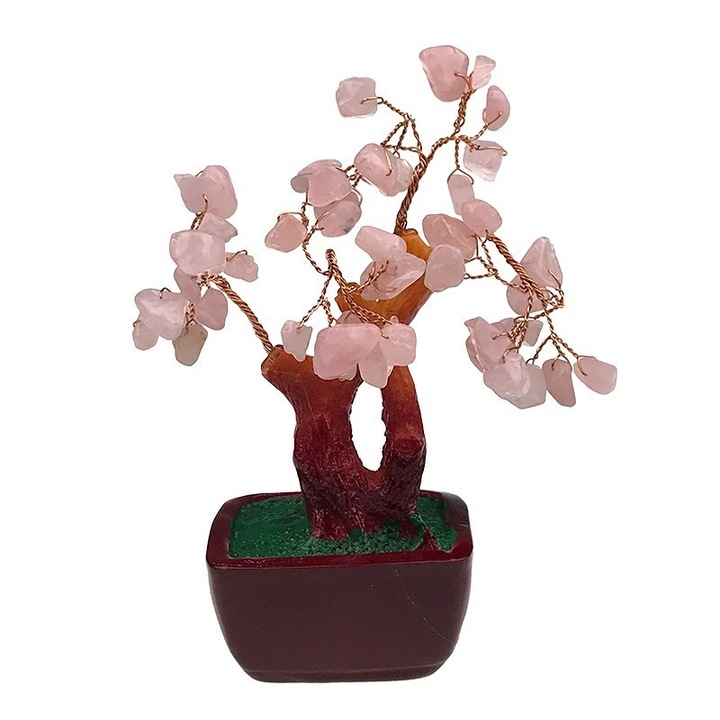 Decoratiune din ceramica, Copac Feng Shui, 4 Ramuri, 10x16cm, Pietre de Aventurin Roz