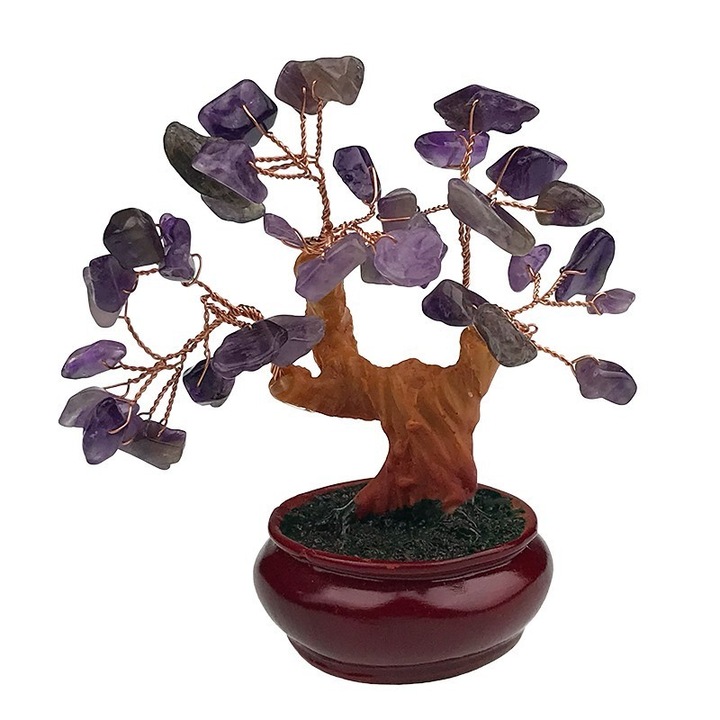 Decoratiune din ceramica, Copac Feng Shui, 3 Ramuri, 8x13cm, Pietre de Aventurin Mov