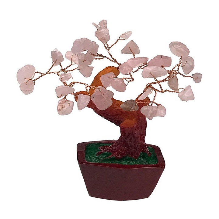 Decoratiune din ceramica, Copac Feng Shui, 3 Ramuri, 8x13cm, Pietre de Aventurin Roz