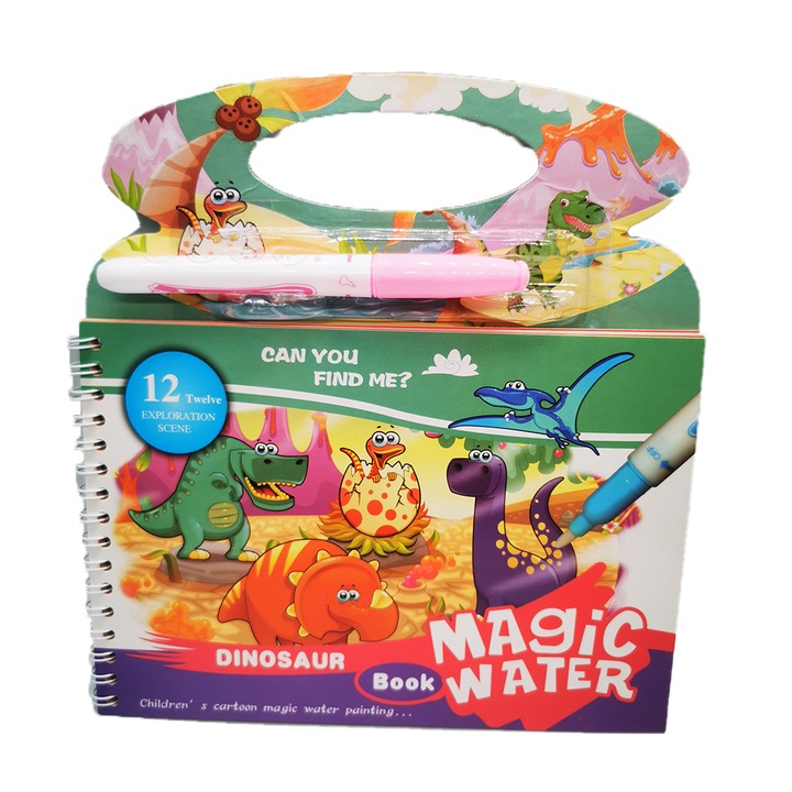 Vízfestőkönyv, Újrafelhasználható, Magic Water Book, Intense színek, 4 oldal, Dinoszaurusz, 21 cm, VisionXXI,