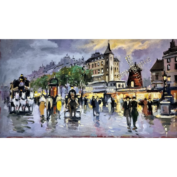 Tablou peisaj impresionist Paris Moulin Rouge, pictura ulei pe panza, 91x52 cm