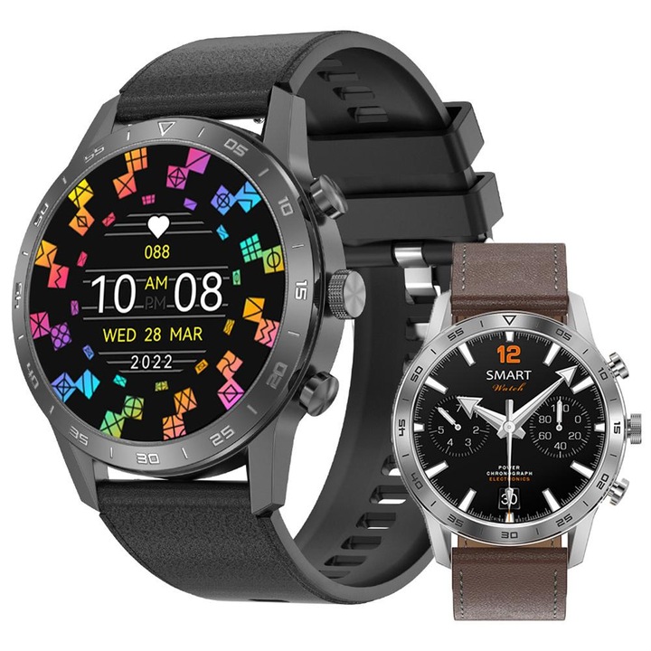 Smartwatch DT™ WA7CH PLUS 1.45" Infinity AMOLED, Bluetooth повикване, GPS, AI Voice Assistant, NFC контрол на достъпа, безжично зареждане, здраве/фитнес монитор, часова зона, смарт приложения, кожена и силиконова каишка, Eclipse Black