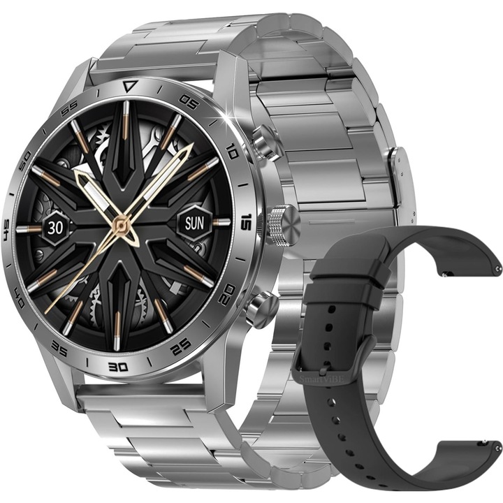 Smartwatch DT™ WA7CH PLUS 1.45" Infinity AMOLED, Bluetooth разговори, GPS, AI Voice Assistant, NFC контрол на достъпа, безжично зареждане, монитор за здраве/фитнес, интелигентни приложения, метална и силиконова каишка, Atlantic Silver