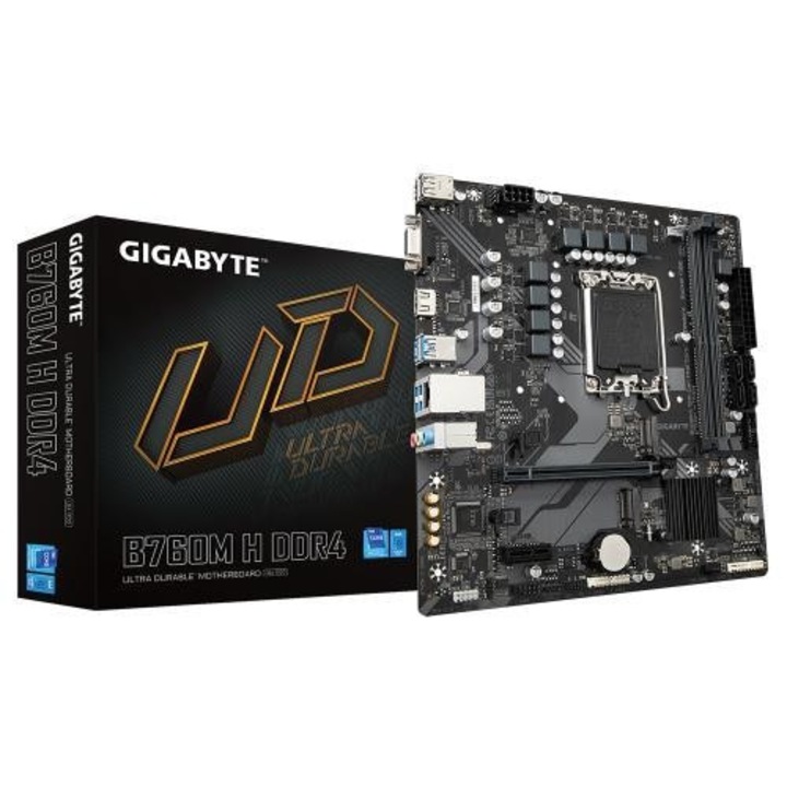 Gigabyte B760M H LGA1700 alaplap, 2x DDR4, 1x D-Sub, 1x HDMI, 1x PCIe x16, 1x PCIe x1, 2x M.2, 4x SATA 6Gbps, 1Gbps LAN, mATX