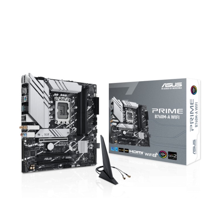 Дънна платка ASUS PRIME B760M-A WIFI LGA1700, 4x DDR5, 1x DisplayPort, 2x HDMI, 3x PCIe x16, 2x M.2, 4x SATA 6Gbps, WIFI 6, 2.5Gbps LAN, ATX