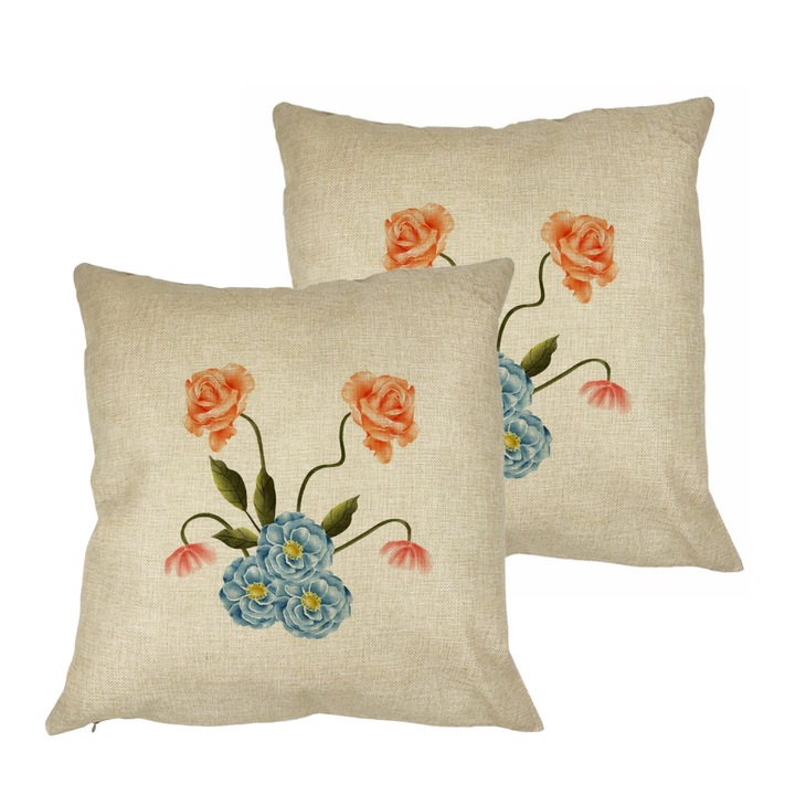 Set 2 Perne Decorative, Model Florale Roz si Alastru, 40x40 cm, Husa Detasabila