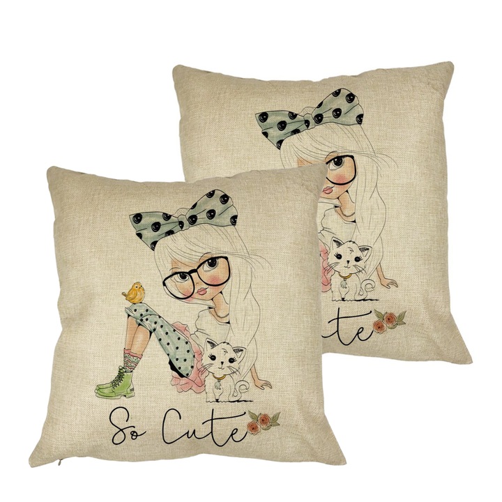 Set 2 Perne Decorative, Model So Cute, 40x40 cm, Husa Detasabila