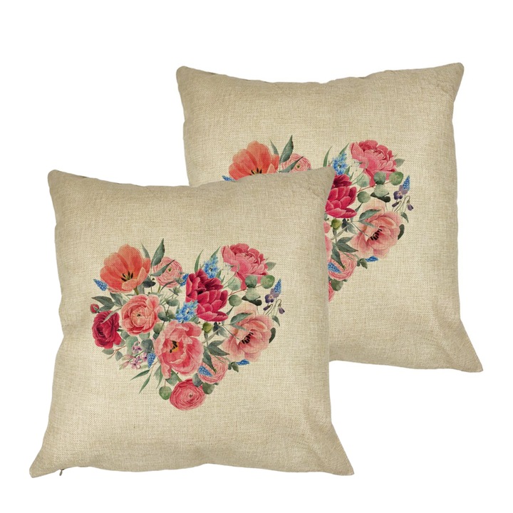 Set 2 Perne Decorative, Heart of Flowers, 40x40 cm, Husa Detasabila