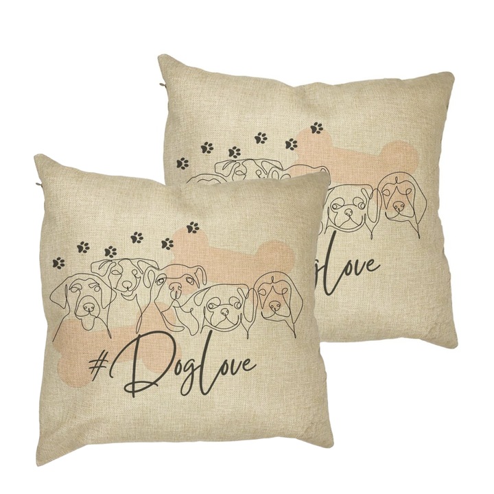 Set 2 Perne Decorative, Model Dog Love, 40x40 cm, Husa Detasabila