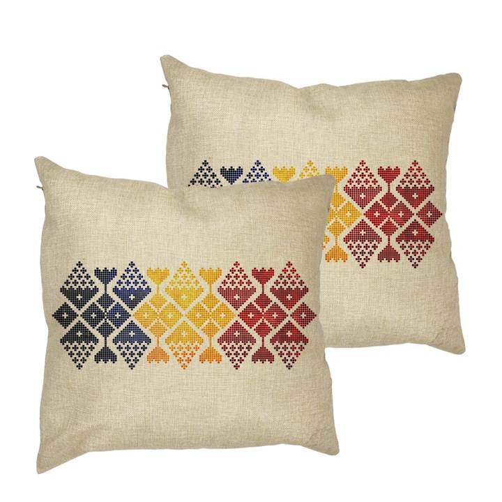 Set 2 Perne Decorative, Model cu Motive Locale, 40x40 cm, Husa Detasabila