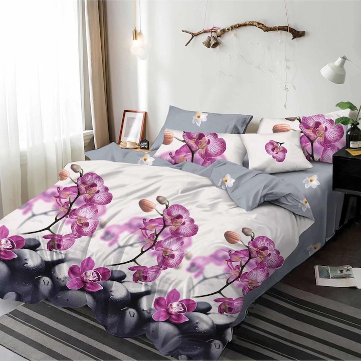 Спално бельо за двойно легло 180х200 см - фин плат, чаршаф с ластик, 6 части LFE7-20021