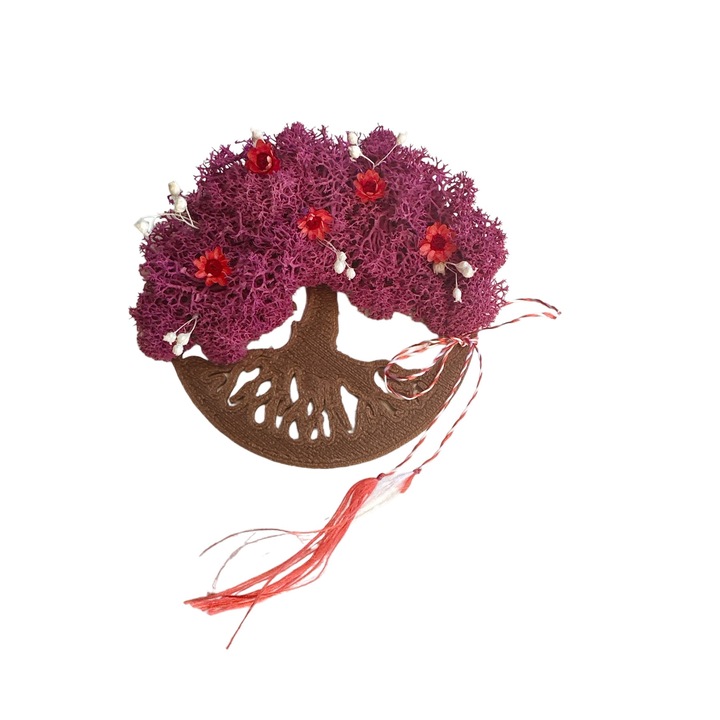 Magnet de frigider pomul vietii cu licheni si flori naturale uscate (Fucsia / Bronz) - Eventissimi
