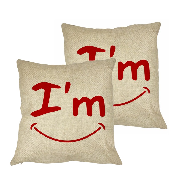 Set 2 Perne Decorative, Model I'm Happy, 40x40 cm, Husa Detasabila