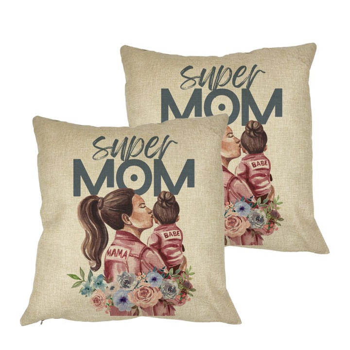 Set 2 Perne Decorative, Model Super MOM Babe, 40x40 cm, Husa Detasabila