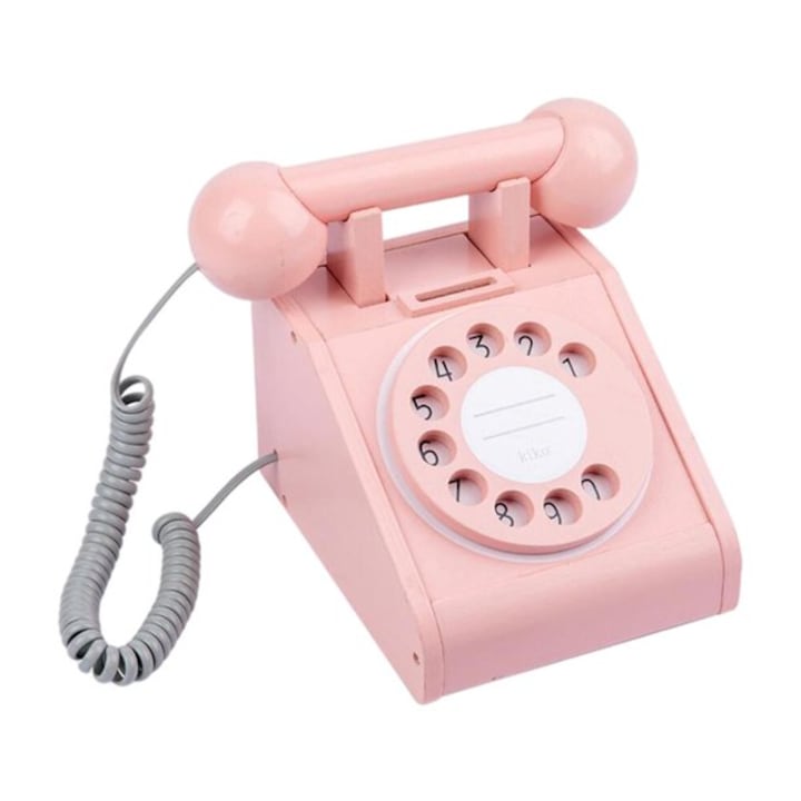 Ретро дървен телефон, розов, 17 см Д x 20 см Ш x 16 см В