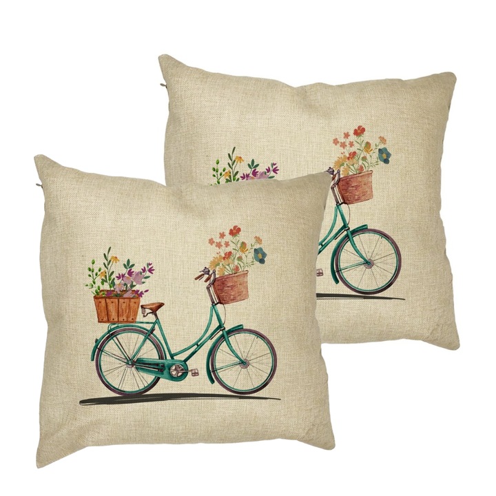 Set 2 Perne Decorative, Model Bicicleta Floarala, 40x40 cm, Husa Detasabila
