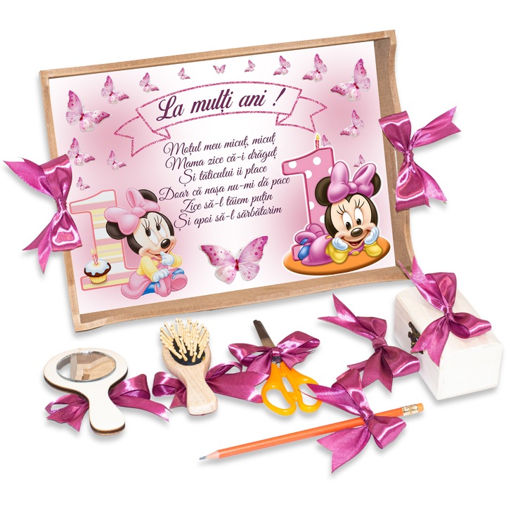 Set Tavita de Taiere Mot si Turta de pentru Fete, Model Baby Minnie Mouse, Prima aniversare de un 1 an, 7 Piese, 24x32cm, Culoare Natur, Funde Roz, TMF20